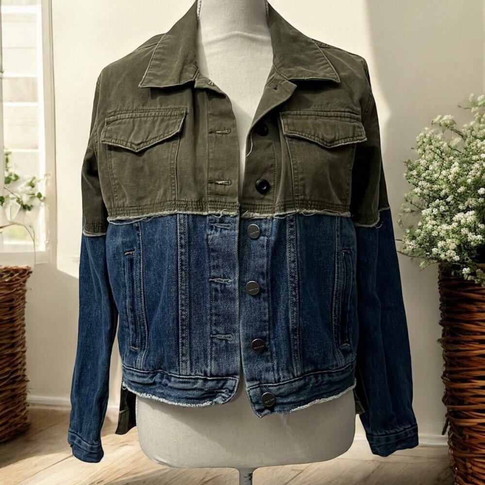 Dear John Denim & Olive Green Streetwear Utility Grunge Trucker Jacket‎ XS